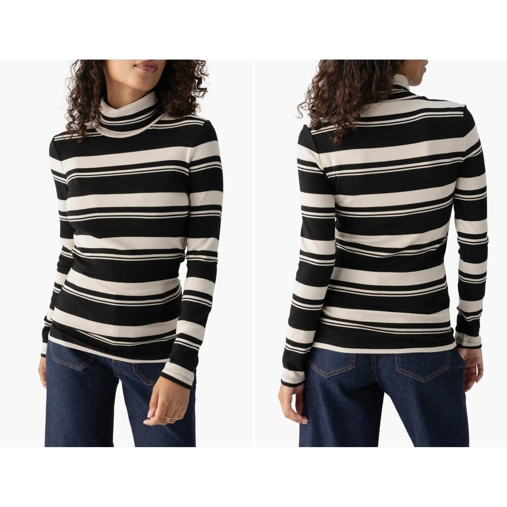 Sanctuary Essential Stripe Turtleneck Black Beige Striped Ribbed Knit / Size M - Picture 8 of 9